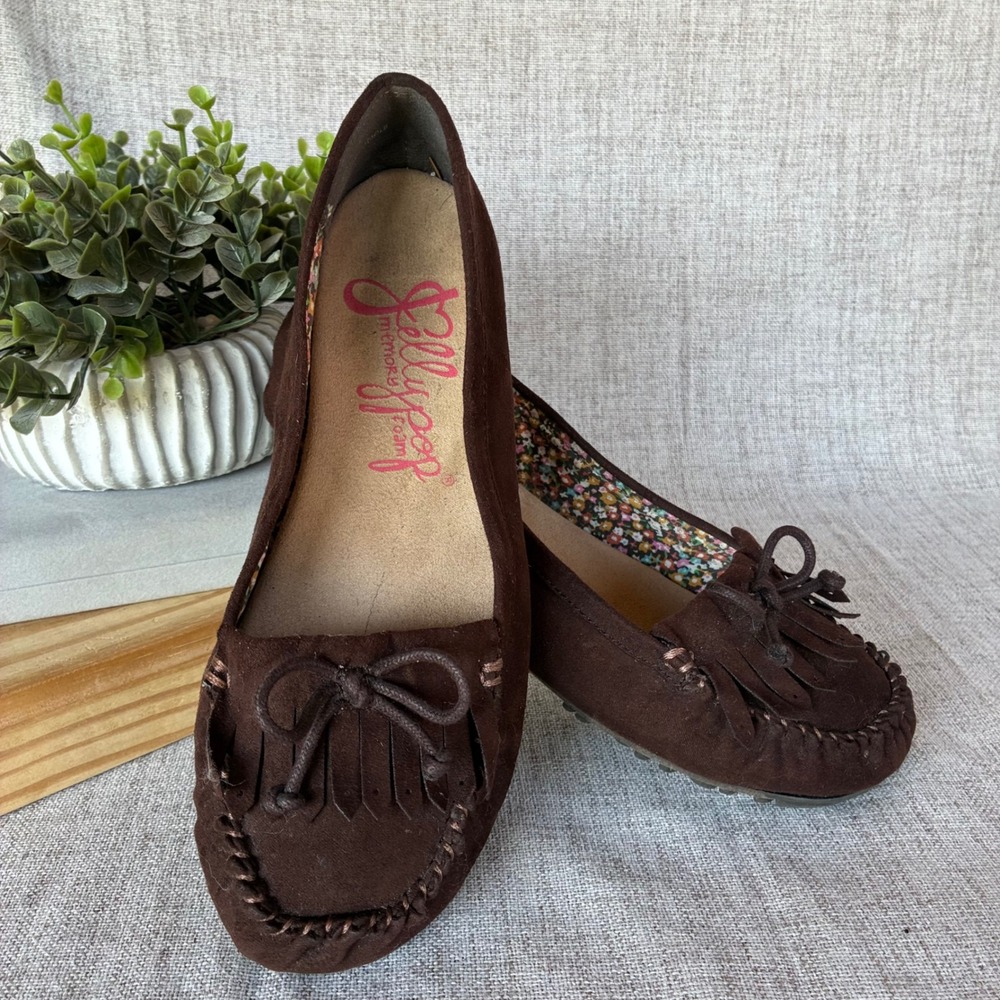 Jellypop Adriana Moccasin Flats 7M Brown Fringe Bow Memory Foam Slip On Shoes